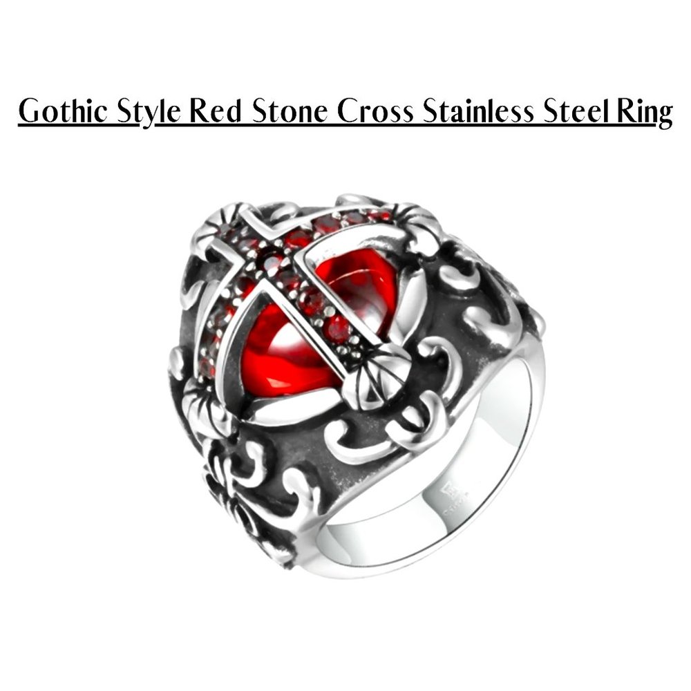 H2H JEWELRY Surgical Stainless Steel Vintage Luxury Crusader Templar Red Stone C